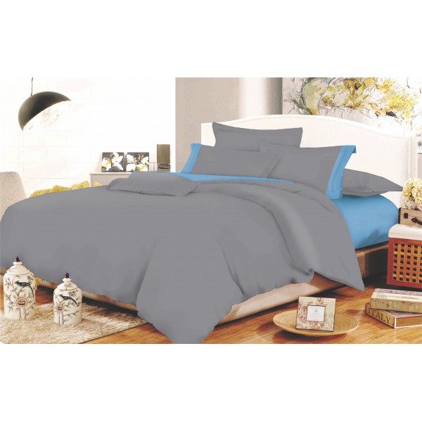 Σετ Σεντόνια ΚΟΜΒΟΣ Cotton Line Grey - Sky Blue Μονόχρωμα με Φάσα Υπέρδιπλα 220x240