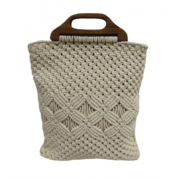 Τσάντα Macrame ΚΟΜΒΟΣ 100% Βαμβάκι Natural with Wooden handle 40x35