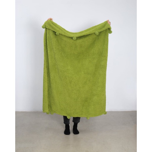 Μονόχρωμη Γούνινη Κουβέρτα με Pompoms Papigo Υπέρδιπλη (220x240cm) Λαδί
