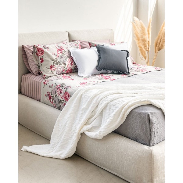 Βαμβακερό Φλοράλ Σεντόνι με Λάστιχο Camellia σε 2 Αποχρώσεις Super Υπέρδιπλη (180x200+32cm) Γκρι