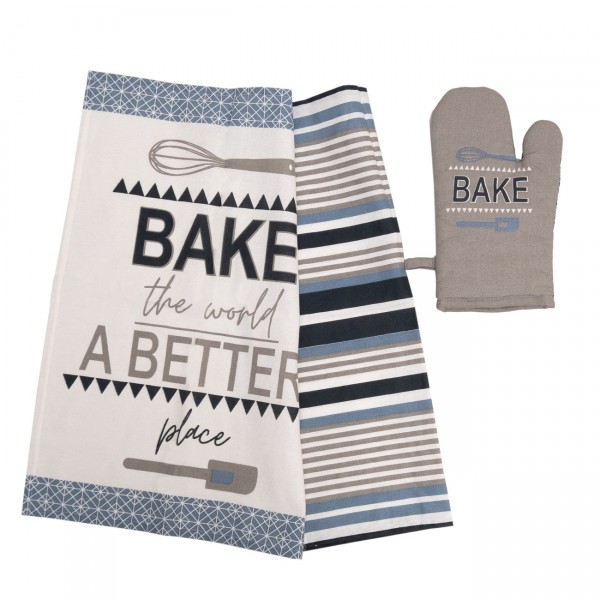 Σετ Κουζίνας 3 Τεμ (Γάντι & Ποτηρόπανα) Τυπωτά 970 Μπλε