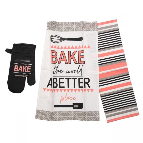 Σετ Κουζίνας 3 Τεμ (Γάντι & Ποτηρόπανα) Τυπωτά 970 Κοραλί