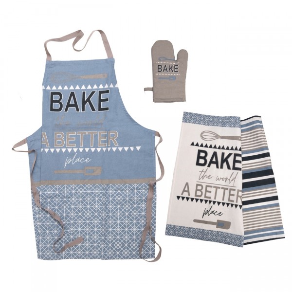 Σετ Κουζίνας 4 Τεμ (Ποδιά, Γάντι & Ποτηρόπανα) Τυπωτά 970 Μπλε