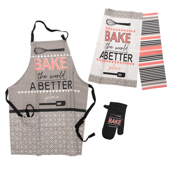 Σετ Κουζίνας 4 Τεμ (Ποδιά, Γάντι & Ποτηρόπανα) Τυπωτά 970 Κοραλί